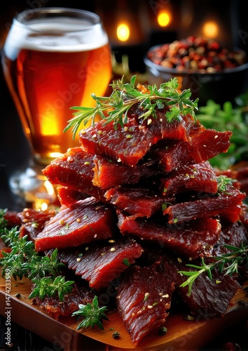Gourmet beef jerky stacked high with herbs, accompanied by a refreshing cold beer in a stylish setting, perfect for snack lovers and food enthusiasts.
