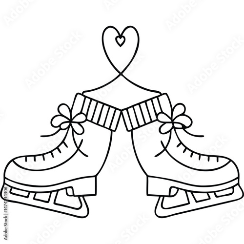 Ice Skates Heart Winter Love Romance Black and White Vector