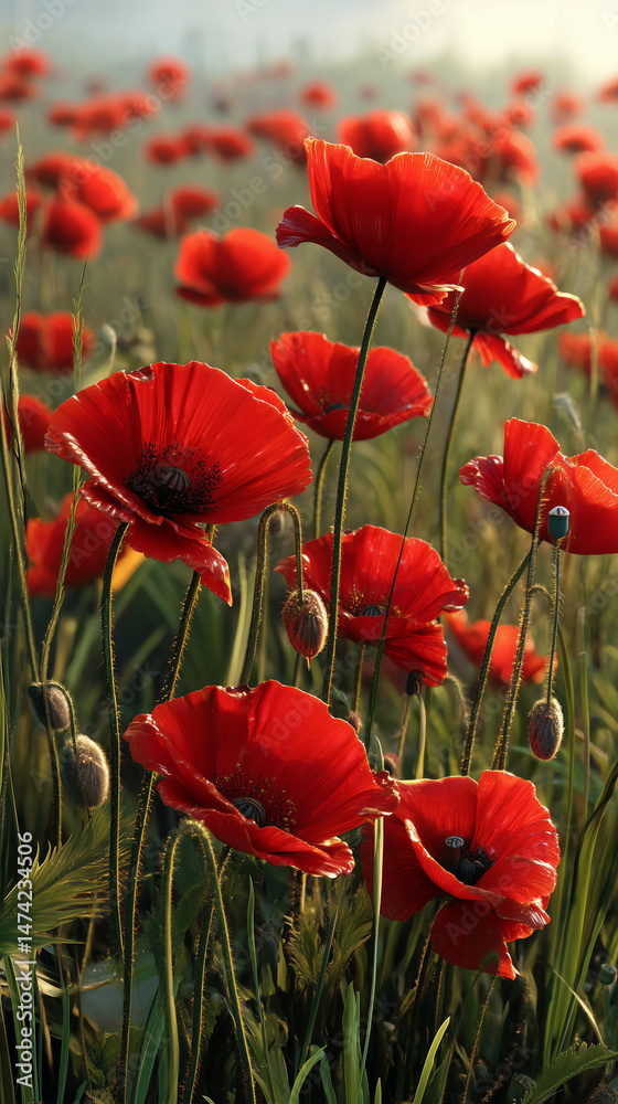 Obraz premium Vibrant Red Poppies Blooming in a Morning Meadow