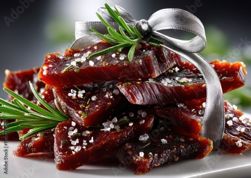 Gourmet Beef Jerky with Fresh Herbs and Sea Salt on a Decorative Plate Perfect for Snack Lovers and Culinary Enthusiasts