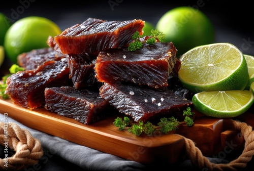 Gourmet Beef Jerky with Fresh Lime Slices on a Wooden Board Surrounded by Green Limes and Herbs for a Flavorful Snack Experience