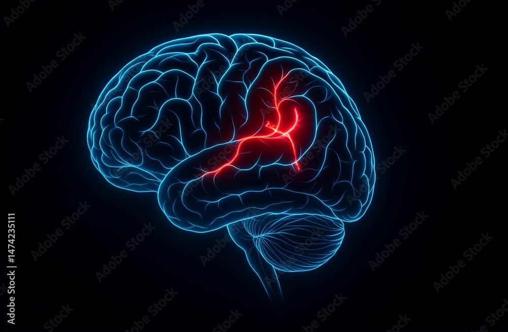 Illustration d’un AVC dans le cerveau – vue médicale en lumière bleue
