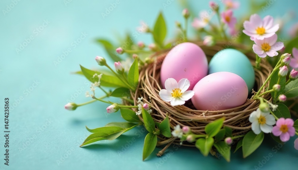 Obraz premium Pastel colored eggs nestled in a spring wreath with blooming flowers and fresh green leaves , delicate, joyful, spring bouquet