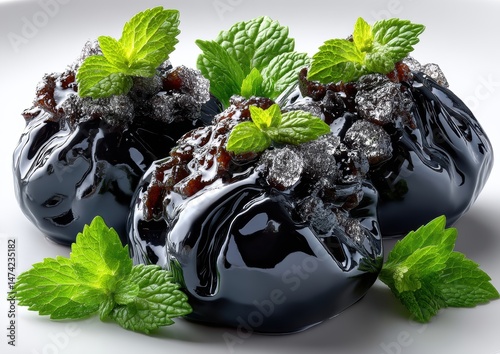 Gourmet Black Desserts with Mint Leaves, Elegant Presentation of Glossy Treats, Indulgent Sweet Delights for Culinary Passion and Food Photography