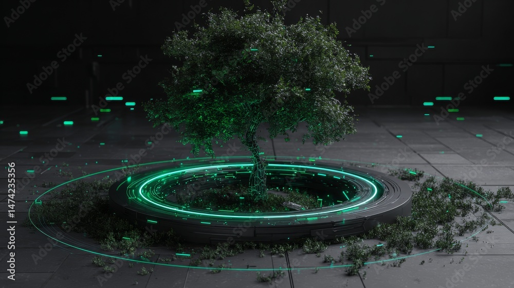 Obraz premium Concept of futuristic green technology featuring a digital interface and a tree growing in a virtual setting