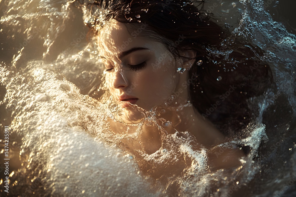 Fototapeta premium Serene woman immersed in water with eyes closed in a moment of peaceful tranquility