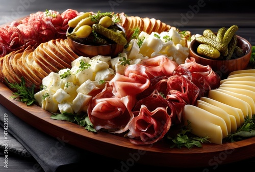 Gourmet charcuterie board featuring assorted cheeses, cured meats, olives, pickles, and crackers arranged on a wooden platter for an elegant presentation