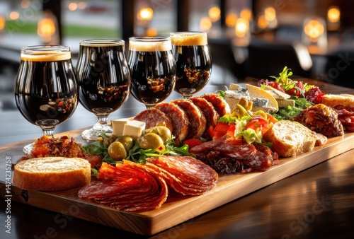 Gourmet charcuterie board featuring assorted meats, cheeses, olives, and craft beers in a warm and inviting restaurant setting