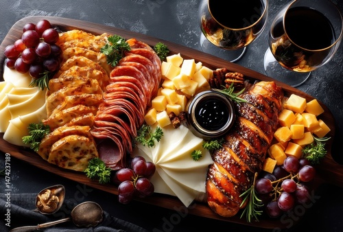 Gourmet Charcuterie Board with Assorted Meats, Cheeses, Grapes, Nuts, and Dark Fruits, Ideal for Celebrations and Gatherings, Captivating Presentation