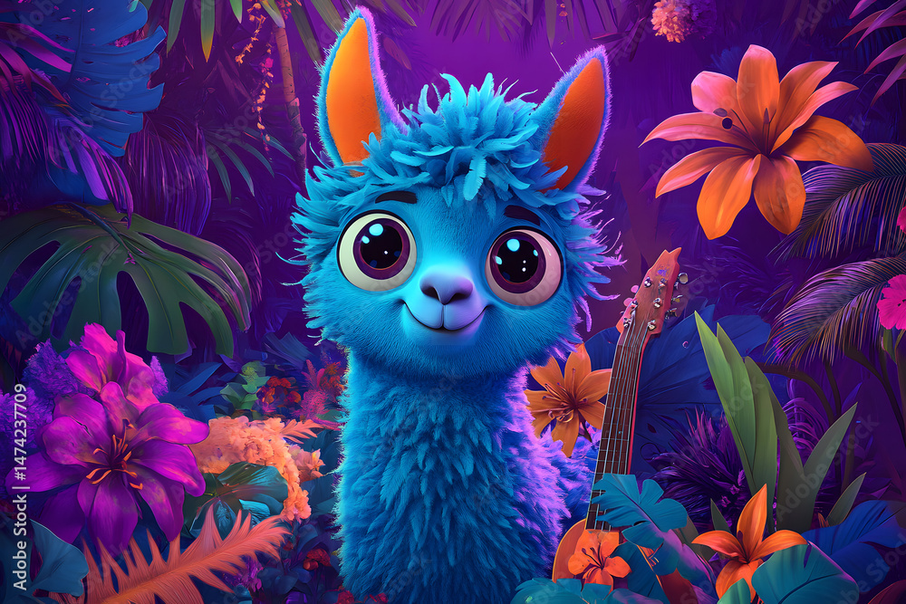 Fototapeta premium Cute Blue Llama in Vibrant Tropical Paradise with Guitar