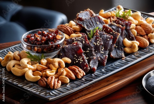 Gourmet Charcuterie Board with Jerky, Nuts, and Sauce Perfect for Entertaining or Snacking, Rustic Elegance with Rich Textures and Colors