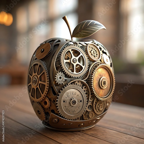 Metallic Apple Gear Clockwork Mechanism on Wooden Surface