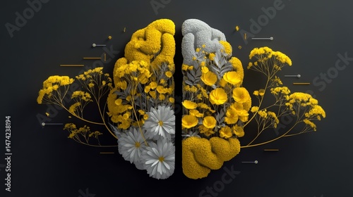 World mental health awareness day is symbolized by a human brain accompanied by flowers on a yellow background