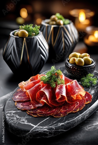 Gourmet Charcuterie Board with Slices of Cured Meats, Fresh Green Olives, and Decorative Black Bowls on Dark Marble Surface