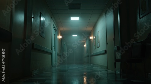 Empty hospital corridor at night.  Dim, eerie, and slightly foggy