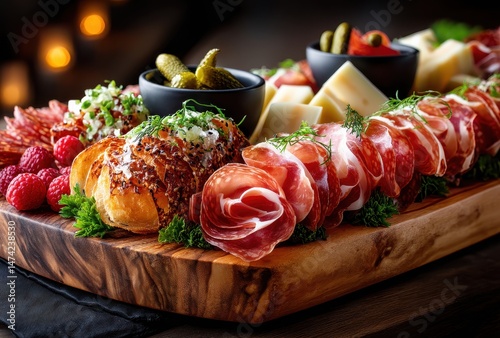 Gourmet Charcuterie Board with Variety of Cheeses, Cured Meats, Fresh Herbs, Nuts, and Fruits Perfect for Events and Gatherings in a Cozy Atmosphere