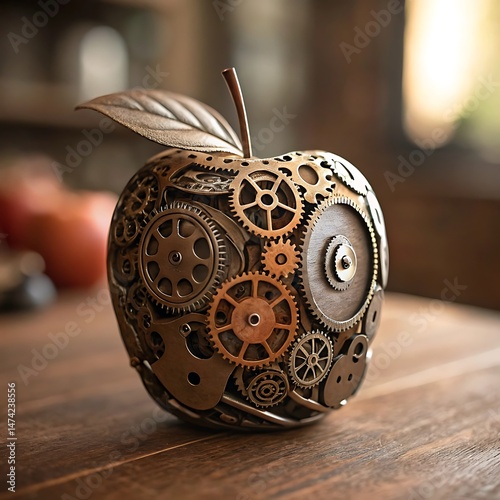 Metallic Apple Gear Clockwork Mechanism on Wooden Surface