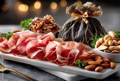 Gourmet Charcuterie with Cured Ham, Nuts, and Fresh Garnish on a Modern Platter Surrounded by Elegant Bokeh Lights for Culinary Inspiration