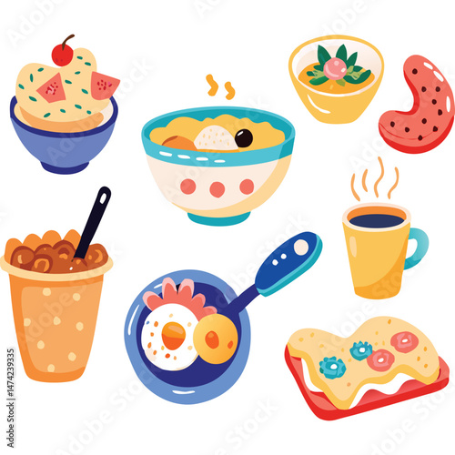Colorful Breakfast Food Vector Illustration Cheerful Morning Meal