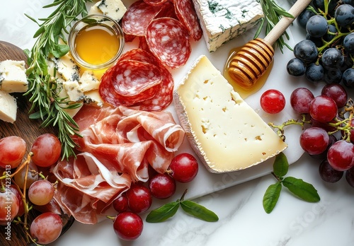 Gourmet Cheese and Charcuterie Board with Honey, Grapes, and Blue Cheese on Marble Surface Surrounded by Fresh Herbs and Delicacies