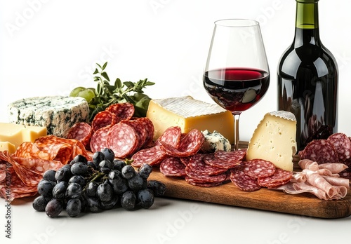 Gourmet Cheese and Charcuterie Display with Red Wine and Fresh Grapes on Wooden Board for Delightful Culinary Experience