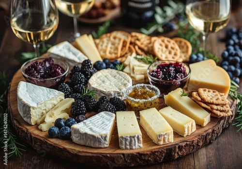 Gourmet Cheese and Wine Pairing Selection on a Wooden Board with Berries, Crackers, and Jams in a Cozy Dining Setting