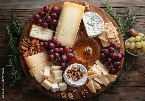 Gourmet Cheese Board with Assorted Cheeses, Grapes, Nuts, Crackers, and Honey on Rustic Wooden Table for Entertaining and Culinary Inspiration