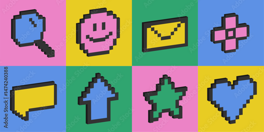 Set of 3d pixel art icons of emoji, arrow, heart shapes. Game abstract elements. Isometric 8 bit objects. Voxel retro signs.