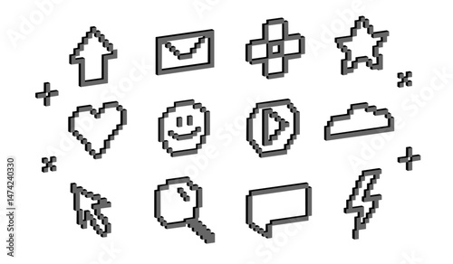 Trendy pixelated sticker set. 3D pixel art black elements. Abstract collection of heart and cursor, emoticon elements in 8bit retro style.