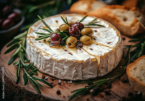 Gourmet Cheese Plate with Fresh Olives, Olive Oil, Rosemary Sprigs and Slices of Rustic Bread on a Wooden Serving Board for Entertaining