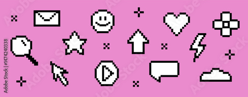 Set of pixel bit icon. Abstract collection of heart and cursor, emoticon elements in 8bit retro style. Black line shape