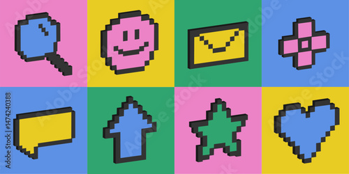 Set of 3d pixel art icons of emoji, arrow, heart shapes. Game abstract elements. Isometric 8 bit objects. Voxel retro signs.