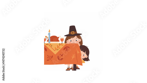 Children hiding behind Thanksgiving table during festive gathering
