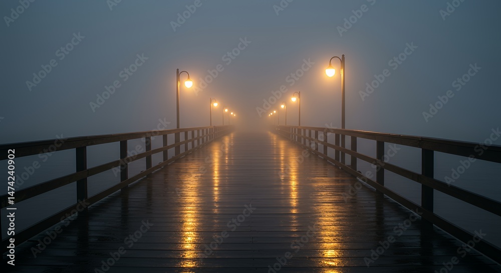Fototapeta premium Pier in Fog with Streetlights