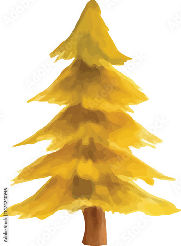 Yellow pine tree watercolor illustration, a vibrant evergreen, perfect for forest designs and nature art on a beige background