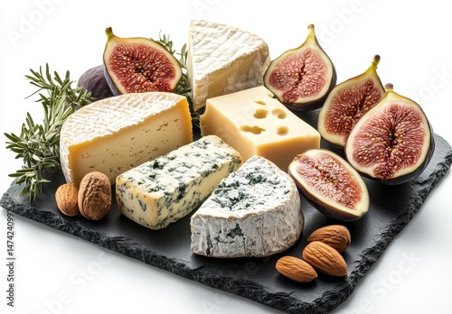 Gourmet Cheese Platter with Fresh Figs, Almonds, and Rosemary on Black Slate Surface, Perfect for Entertaining and Pairing with Wine