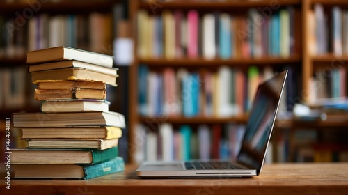 A library desk setup with books and a laptop represents the fusion of traditional education with modern technology and online learning