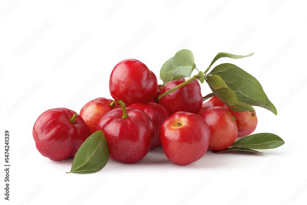 Obraz premium A pile of ripe acerola cherries with green leaves on a white background.