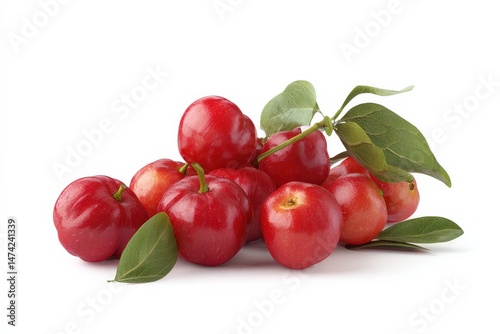 A pile of ripe acerola cherries with green leaves on a white background.