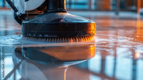 Close up of a floor cleaning machine with rotating brushes in water. Good for illustrating hygiene, maintenance, or professional cleaning services.