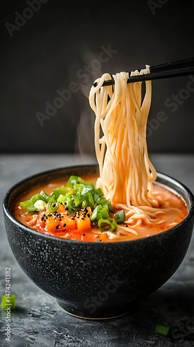 Spicy ramen noodles being lifted