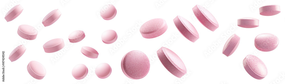 PNG Floating pink pills scattered, element set on transparent background PNG Floating pink pills scattered, element set on transparent background
