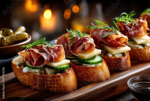 Gourmet Crostini with Prosciutto, Cheese, and Fresh Herbs, Perfect for Elegant Presentations and Appetizers at Parties and Gatherings