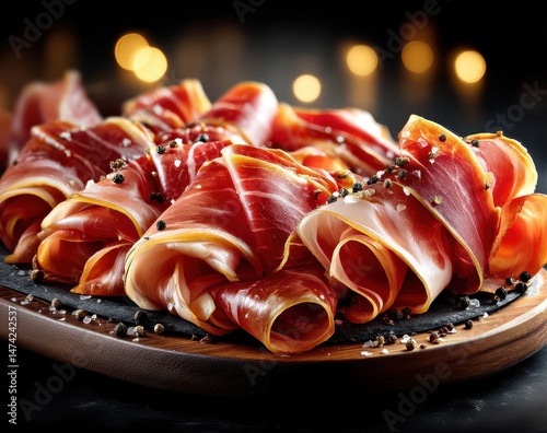 Gourmet cured meat platter with rich textures and vibrant colors on a wooden board, accented by black pepper and soft lighting for a luxurious feel