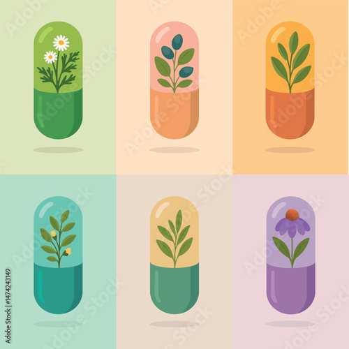 Set of herbal capsule vector illustrations with healing plants inside. Fully isolated objects from background. Vector elements are well-organized and easy to edit.