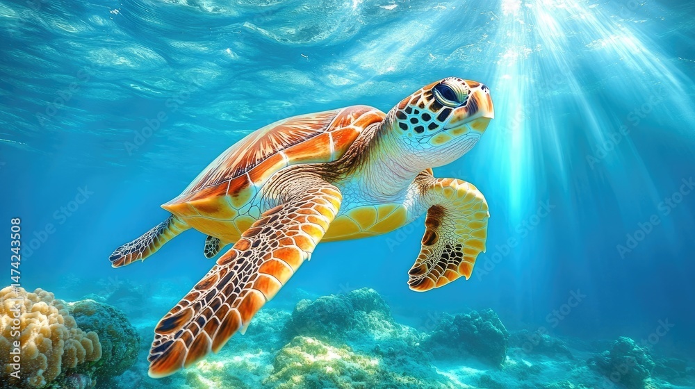 Fototapeta premium Sea turtle gracefully swimming underwater with sun rays filtering through the clear blue water scene
