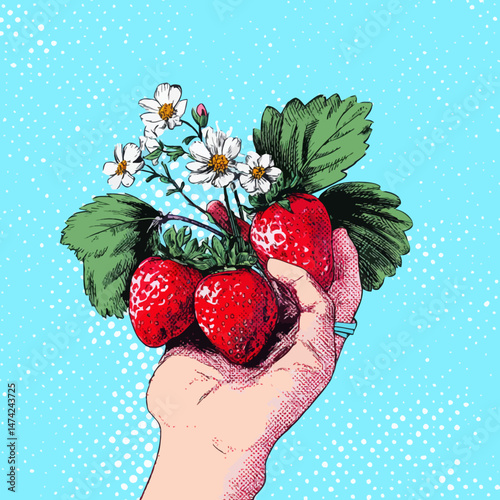 A hand presents a strawberry plant featuring ripe red berries and blooming white flowers. The background is a bright blue with a dotted pattern, enhancing the lively colors.