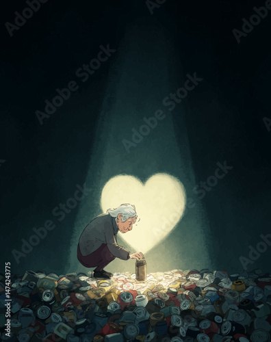 An elderly woman kneels by a mound of trash, her focus on a can. A heart-shaped spotlight shines down, creating a warm ambiance amidst the dim surroundings.