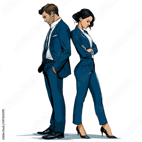 A man and a woman dressed in tailored suits stand back to back, exuding a sense of confidence and professionalism.