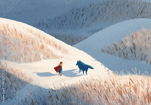 A little girl in a bright red cape and boots stands in a snowy landscape. She gazes at a blue wolf in the serene hill area, surrounded by gentle hills and tall grass.